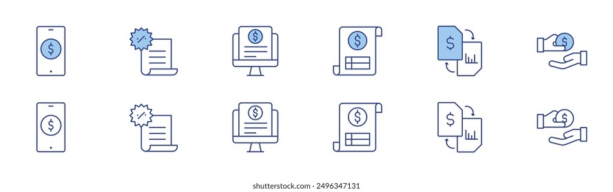 Business icon set in two styles, Duotone and Thin Line style. Editable stroke. accounting, business and finance, invoice, smartphone, bill, documents.