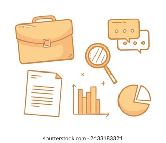 Business icon set. Vector illustration of a briefcase, magnifier, chart and diagram.
