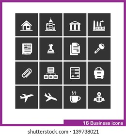 Business icon set. Vector white pictograms for web, computer and mobile apps, presentations, interface design: office building, bank, finance, industry, newspaper, document, key, clip, cabinet symbol