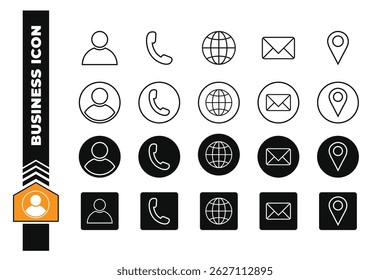 Conjunto de iconos de negocio. Sitio web, llamada, perfil, correo electrónico e ícono de ubicación. Ilustración vectorial de conjunto de iconos de Web.
