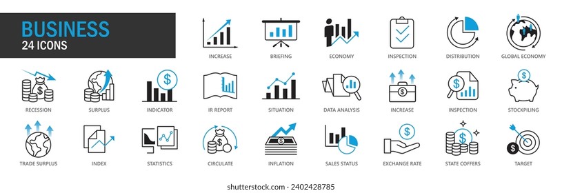 Business Icon setzt Weltwirtschaft, Handelsüberschuss, IR-Bericht, Datenanalyse, Wechselkurs, Verkaufsstatus, Inflation. Symbolsammlung für Vektorgrafik. EPS, PNG, JPG