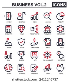 business icon set.2 line color style .contains insurance,compensation,investment,report,office,skill,trophy,safe,time management,coffee break,savings.Suitable for UI application icons.