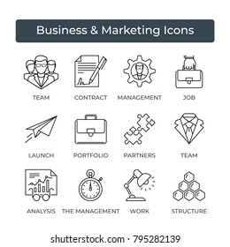 Business icon set,clean vector, team, contract, management, job, launch, portfolio, partners, team, analysis, the management, work, structure icons