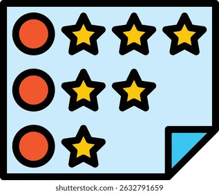 Business icon of sheet of paper with red circles and yellow stars symbolizing evaluation strategy and success. Suitable for presentations, websites, and marketing materials.