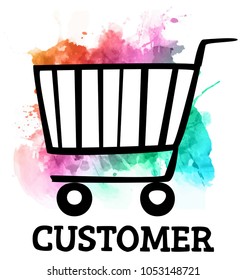 Business icon, shopping cart, word customer on watercolor background