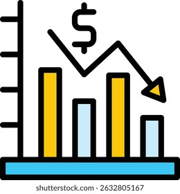 Icono de negocio que muestra un gráfico de barras con un gráfico descendente, que simboliza la disminución del rendimiento. Adecuado para presentaciones financieras, informes y boletines.