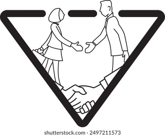 Business icon showing a businessman and businesswomen shaking hands with a closeup of shaking hands in a thin black outline, all surrounded by a thickly outlined triangle. One of several versions.