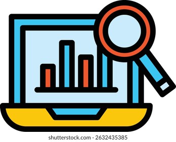 Business icon showing a laptop displaying a bar chart and a magnifying glass means Search Engine Optimization, perfect for presentations, reports, and business themed designs.