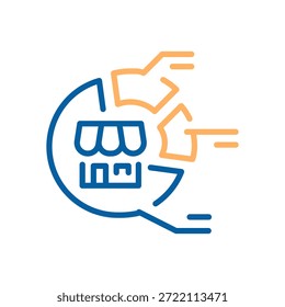 Ícone de negócios mostrando uma loja e segmentos de dados que representam análise de participação de mercado e distribuição para análise de varejo. Traçado editável do ícone de linha fina