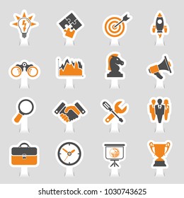 Business Icon Sticker Set - Finance, Strategy, Idea, Research, Teamwork, Success. Vector in two color