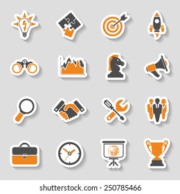 Business Icon Sticker Set - Finance, Strategy, Idea, Research, Teamwork, Success. Vector In Two Color