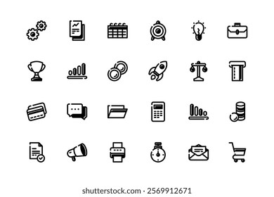 Business Icon Theme with Black Fill Style. 