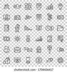 Business icon thin line set in flat style. Make money stroke vector illustration on white isolated background. Media internet linear business concept.