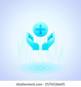 Business icon of two hands holding a circle with a plus sign, symbolizing support and care. Ideal for healthcare, customer service, and community support visuals, emphasizing assistance and compassion