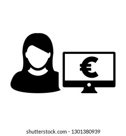 Business icon vector female user person profile avatar with computer monitor and euro sign currency money symbol for banking and finance business in flat 
color glyph pictogram illustration