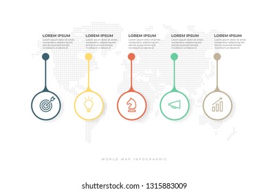 Business icon with world map background infographic template.Timeline with 5 options, steps or processes.