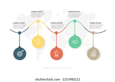 Business icon with world map background infographic template.Timeline with 5 options, steps or processes.