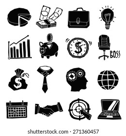 Business icons black and white set with piggy bank graphs notebook isolated vector illustration