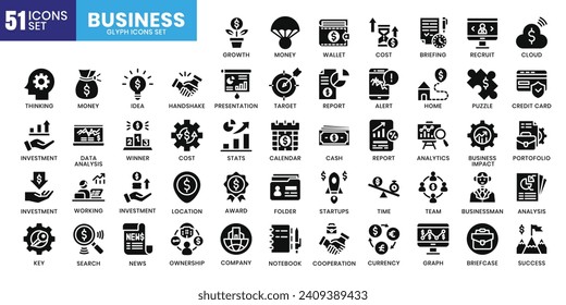 Business icons bundle. Glyph icon style. Vector illustration.