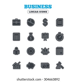 Business icons. Businessman, briefcase and documents symbols. Presentation pie chart, money bag and justice scales thin outline signs. Dollar USD currency. Auction hammer. Line icon with black border.