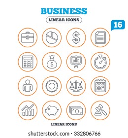 Business icons. Businessman, briefcase and documents symbols. Presentation pie chart, money bag and justice scales thin outline signs. Dollar USD currency. Auction hammer. Circle buttons on white.