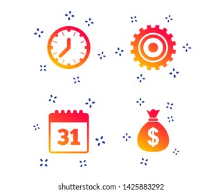 Business icons. Calendar and mechanical clock signs. Dollar money bag and gear symbols. Random dynamic shapes. Gradient calendar icon. Vector