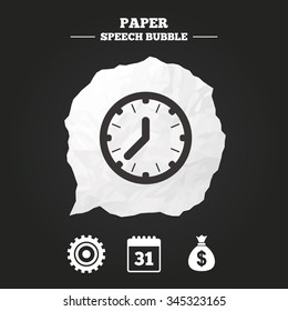 Business icons. Calendar and mechanical clock signs. Dollar money bag and gear symbols. Paper speech bubble with icon.