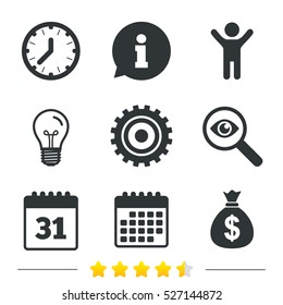 Business icons. Calendar and mechanical clock signs. Dollar money bag and gear symbols. Information, light bulb and calendar icons. Investigate magnifier. Vector