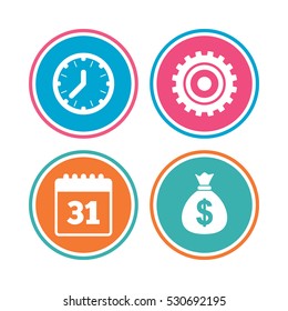 Business icons. Calendar and mechanical clock signs. Dollar money bag and gear symbols. Colored circle buttons. Vector