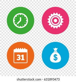 Business icons. Calendar and mechanical clock signs. Dollar money bag and gear symbols. Round buttons on transparent background. Vector