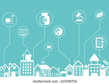 business icons with city skyline background
