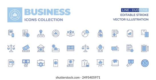 Business icons collection. Line Duotone style, editable stroke. money, laptop, invoice, bank, balance, work in progress, finance, statistics, smartphone, sla, savings.