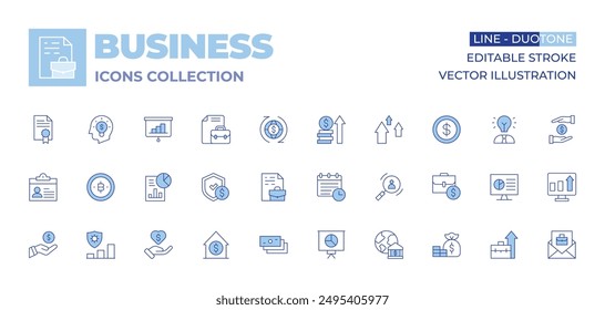 Colección de iconos de negocios. Línea Duotone estilo, trazo editable. tarjeta de identificación, hogar, mano, garantía, negocio, dinero, gestión de riesgos, presentación, punto de servicio, planificación, informe.