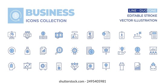 Business icons collection. Line Duotone style, editable stroke. handshake, money bag, line graph, lightbulb, business report, money, safebox, research, refresh, receipt, puzzle piece.