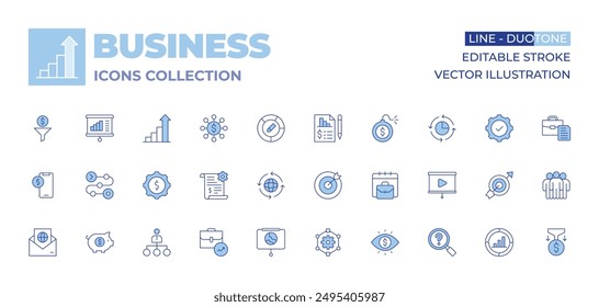 Business icons collection. Line Duotone style, editable stroke. goal, gear, hierarchy, business, briefcase, mobile, eye, development, product, process, presentation, piggy bank.