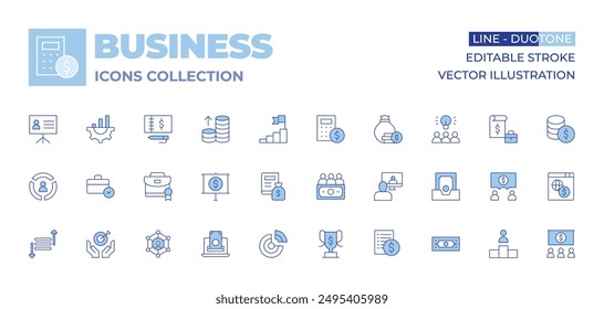 Business icons collection. Line Duotone style, editable stroke. business, pie chart, briefcase, funds, reward, hierarchy, online payment, motivation, goal, prioritize.