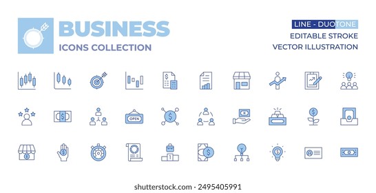 Colección de iconos de negocios. Estilo Duotone de línea, trazo editable. efectivo, personas, carrera, donación, dólar, coordinación, rendimiento, cuenta, sobresaliente, signo abierto, mi negocio.