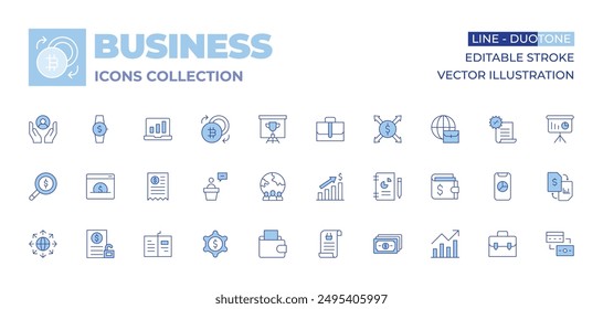 Business icons collection. Line Duotone style, editable stroke. bill, bar chart, open book, care, card payment, expansion, exchange, dollar, unsecured loan, wristwatch, website.