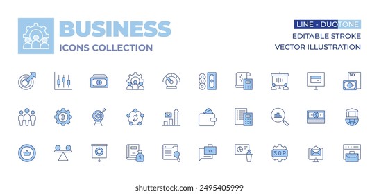 Business icons collection. Line Duotone style, editable stroke. aim, money, job description, coin, business, swap, team leader, stats, stability, setting, search, calculator.