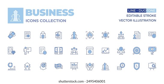 Business icons collection. Line Duotone style, editable stroke. analysis, money, infographic, coin, presentation, balance scale, teamwork, target, star, shop, shield.