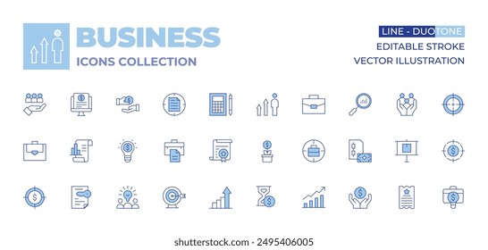 Colección de iconos de negocios. Estilo Duotone de línea, trazo editable. analítica, criptomoneda, contrato, dinero, crecimiento, presentación, tiempo es dinero, ticket, objetivo, Estadísticas.