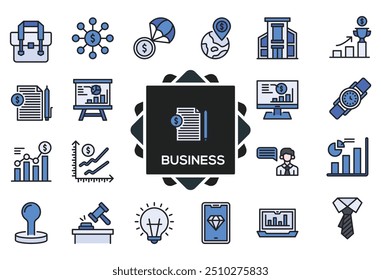 Business icons collection. Line Duotone style, editable stroke. bill, bar chart, open book, care, card payment, expansion, exchange, dollar, unsecured loan, wristwatch, website.