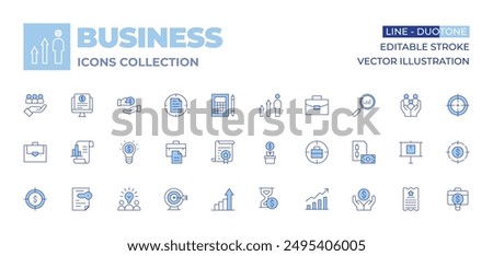 Business icons collection. Line Duotone style, editable stroke. analytics, cryptocurrency, contract, money, growth, presentation, time is money, ticket, target, stats.