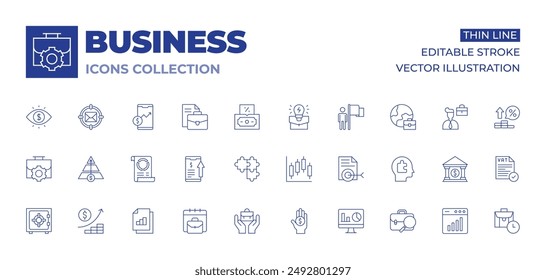 Business icons collection. Thin Line icons, editable stroke. work in progress, growth, bill, bar chart, business idea, business, inheritance, job, eye, pyramid, puzzle.