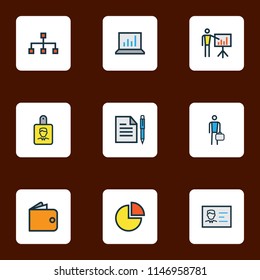 Business icons colored line set with contract, employee, bar diagram and other network elements. Isolated vector illustration business icons.