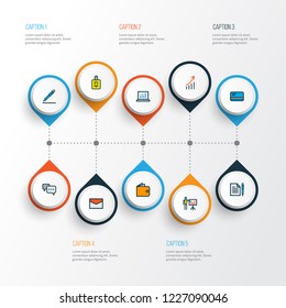 Business icons colored line set with id badge, cash, growing stats and other conversation elements. Isolated vector illustration business icons.