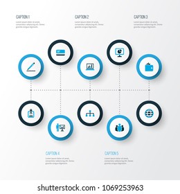 Business icons colored set with network, world, statistics and other badge elements. Isolated vector illustration business icons.