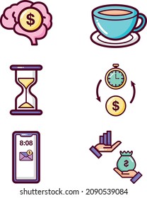 Business icons. Colorful modern icon of money brain, coffee, hourglass, time is money, business notification, and buy good assets.