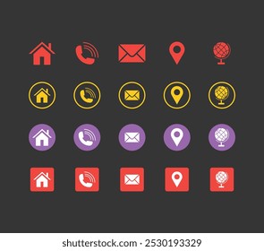 Business icons for company connections in various styles: name, phone, mobile, place, location, mail, website, and message card symbols. Contact symbol design templates for modern branding