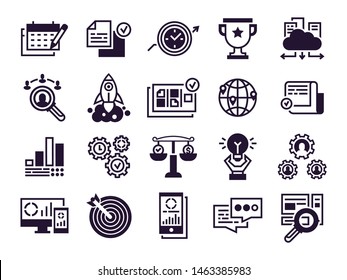 Business icons. Corporate businesses teamwork, global partnership and office management. Businessman marketing site seo optimization signs. Isolated vector silhouette symbols set